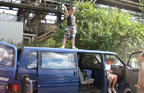 Stef on top of the van in Duisburg